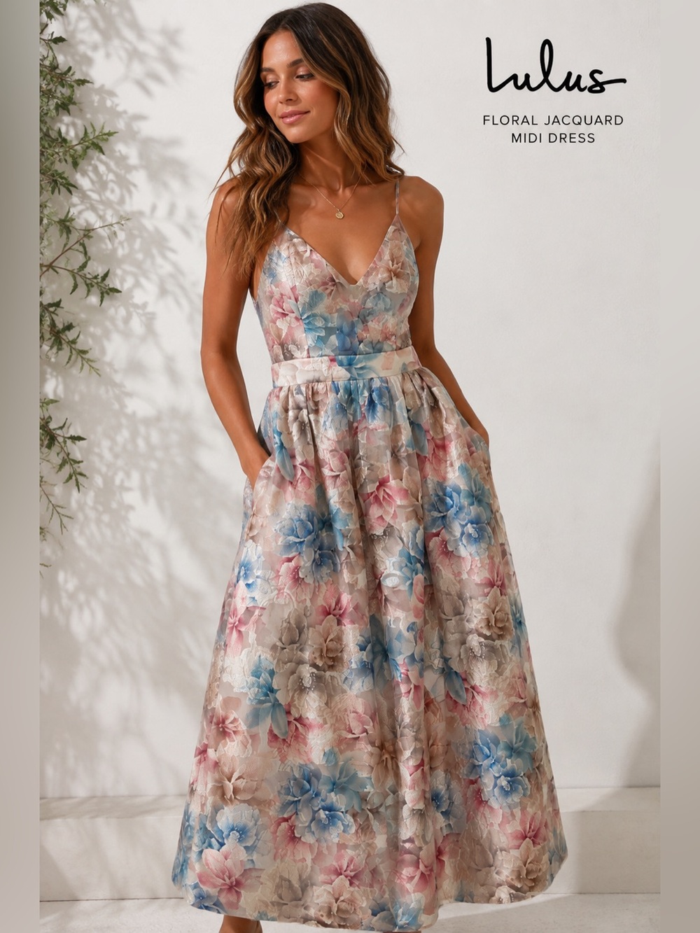 Lulus Floral Jacquard Fit & Flare Midi Dress Pink, Blue, Pastel NWOT Size M